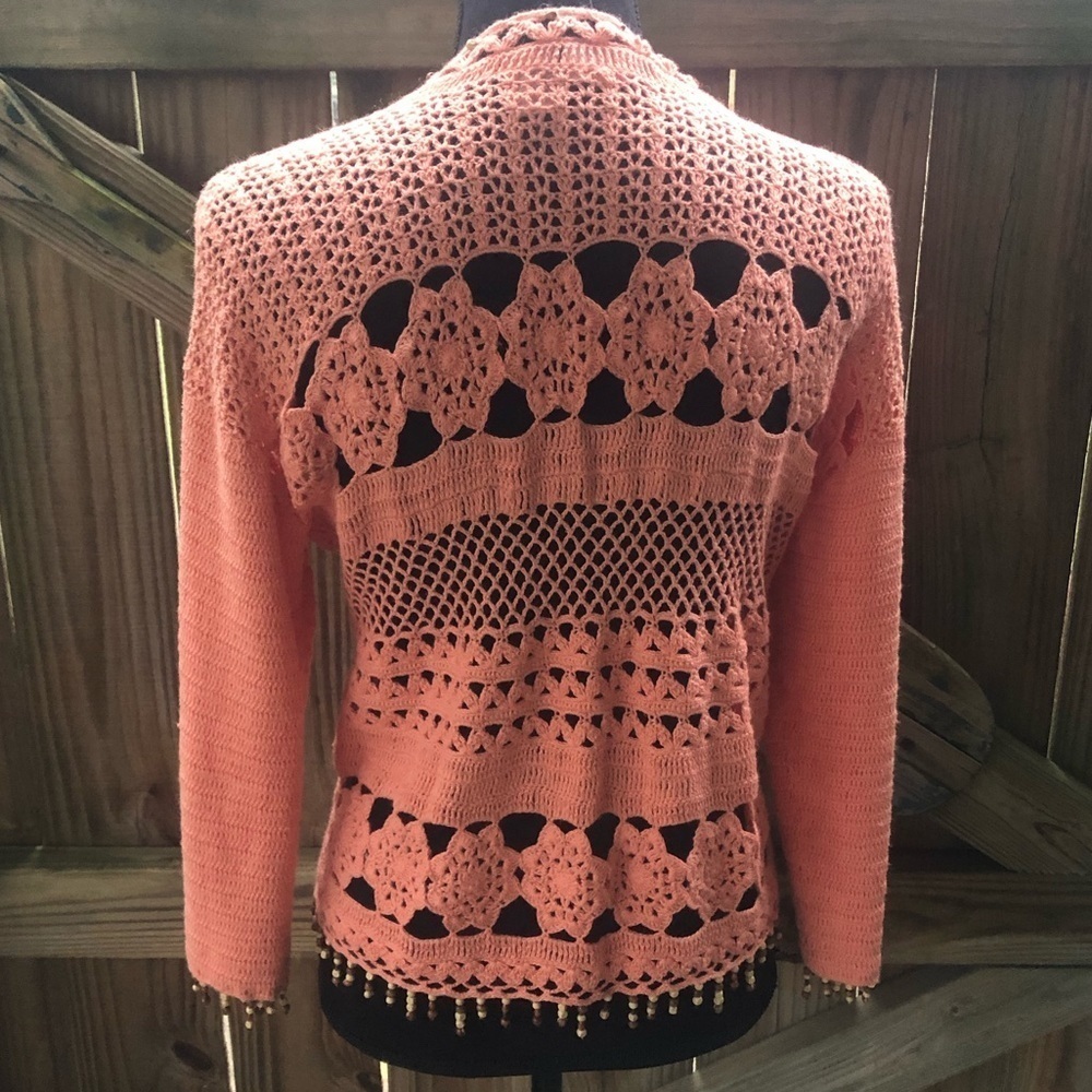 Soft Surroundings Coral Crochet Wrap Ties in Front with Wooden Beads Accents - Picture 2 of 3